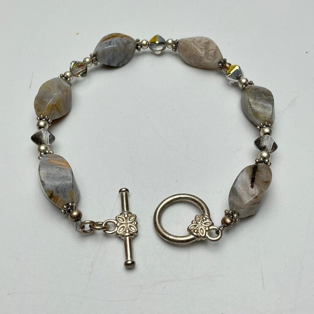 Vtg Sterling Silver Agate Bead Bracelet 6.5" Toggle Clasp Earth Tone Estate